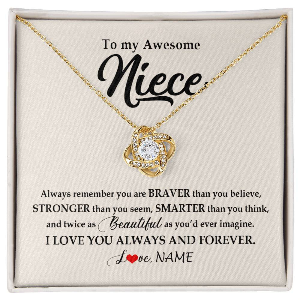 Love Knot Necklace 18K Yellow Gold Finish | Personalized To My Awesome Niece Necklace From Aunt Uncle I Love You Always And Forever Niece Jewelry Birthday Christmas Customized Gift Box Message Card | siriusteestore