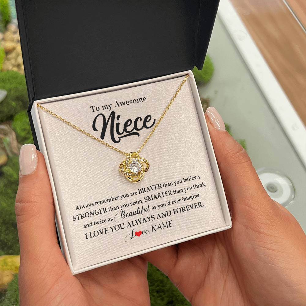 Love Knot Necklace 18K Yellow Gold Finish | Personalized To My Awesome Niece Necklace From Aunt Uncle I Love You Always And Forever Niece Jewelry Birthday Christmas Customized Gift Box Message Card | siriusteestore