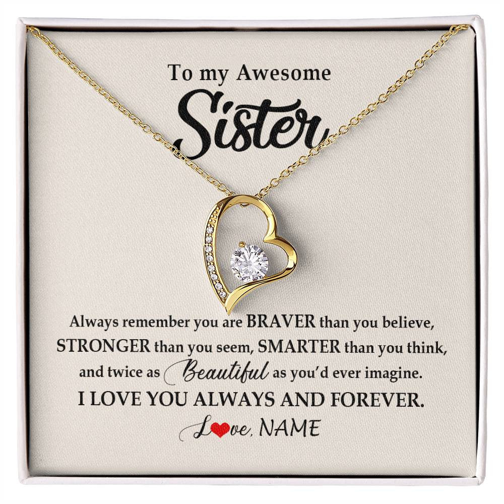 Forever Love Necklace 18K Yellow Gold Finish | Personalized To My Awesome Sister Necklace From Sister Brother I Love You Always And Forever Sister Birthday Christmas Jewelry Customized Gift Box Message Card | siriusteestore