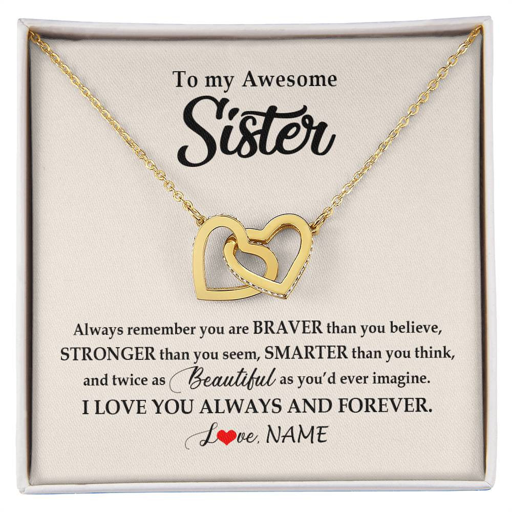Interlocking Hearts Necklace 18K Yellow Gold Finish | Personalized To My Awesome Sister Necklace From Sister Brother I Love You Always And Forever Sister Birthday Christmas Jewelry Customized Gift Box Message Card | siriusteestore
