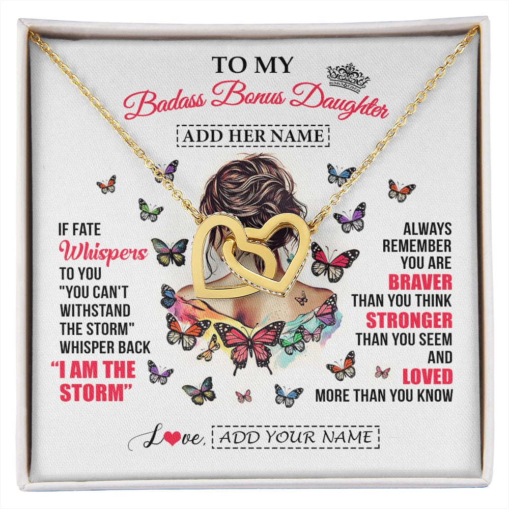 Interlocking Hearts Necklace 18K Yellow Gold Finish | 1 | Personalized To My Badass Bonus Daughter From Step Dad Step Mom Necklace I Am The Storm Stepdaughter Gifts Birthday Christmas Custom Gift Box Message Card | https://siriusteestore.