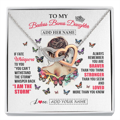 Interlocking Hearts Necklace Stainless Steel & Rose Gold Finish | 1 | Personalized To My Badass Bonus Daughter From Step Dad Step Mom Necklace I Am The Storm Stepdaughter Gifts Birthday Christmas Custom Gift Box Message Card | https://siriusteestore.