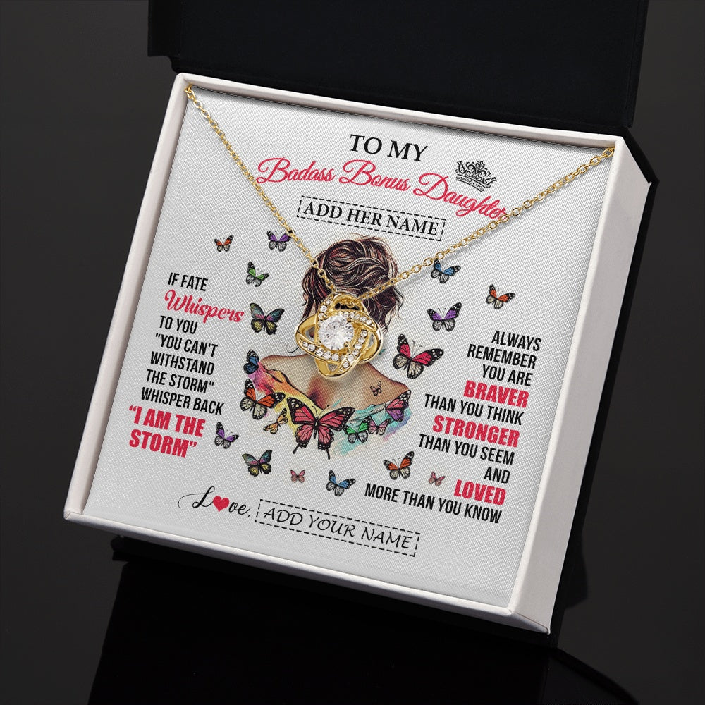 Love Knot Necklace 18K Yellow Gold Finish | 2 | Personalized To My Badass Bonus Daughter From Step Dad Step Mom Necklace I Am The Storm Stepdaughter Gifts Birthday Christmas Custom Gift Box Message Card | https://siriusteestore.