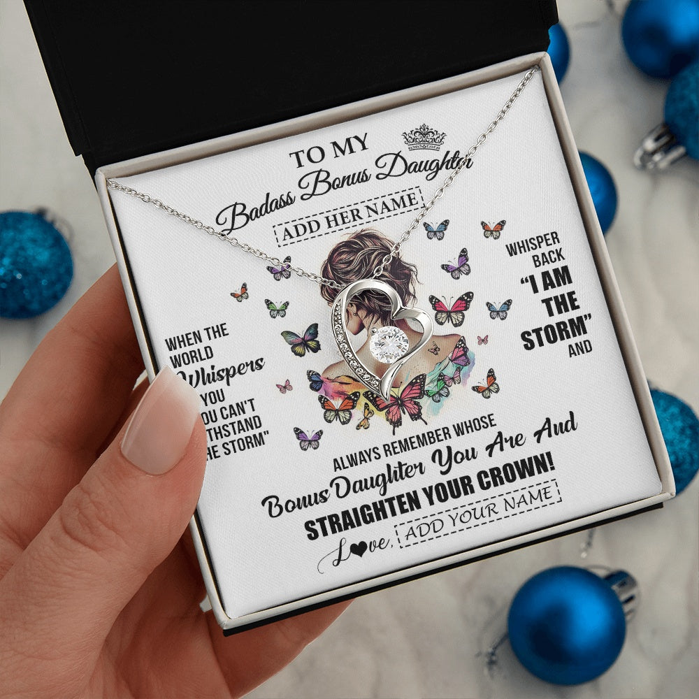 Forever Love Necklace 14K White Gold Finish | 2 | Personalized To My Badass Bonus Daughter I Am The Storm Necklace From Stepdad Stepmom Beautiful Step Daughter Birthday Gifts Christmas Gift Box Message Card | https://siriusteestore.