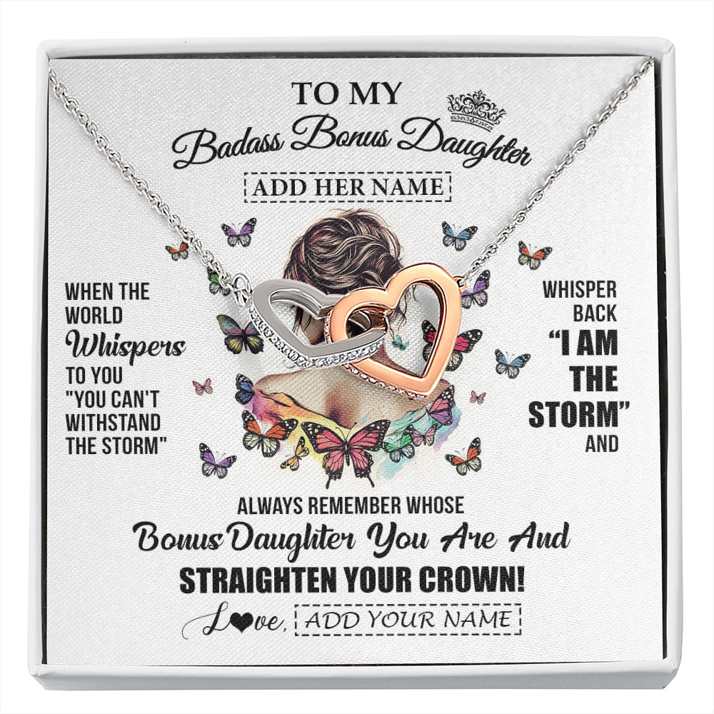 Interlocking Hearts Necklace Stainless Steel & Rose Gold Finish | 1 | Personalized To My Badass Bonus Daughter I Am The Storm Necklace From Stepdad Stepmom Beautiful Step Daughter Birthday Gifts Christmas Gift Box Message Card | https://siriusteestore.