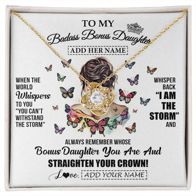 Love Knot Necklace 18K Yellow Gold Finish | 1 | Personalized To My Badass Bonus Daughter I Am The Storm Necklace From Stepdad Stepmom Beautiful Step Daughter Birthday Gifts Christmas Gift Box Message Card | https://siriusteestore.