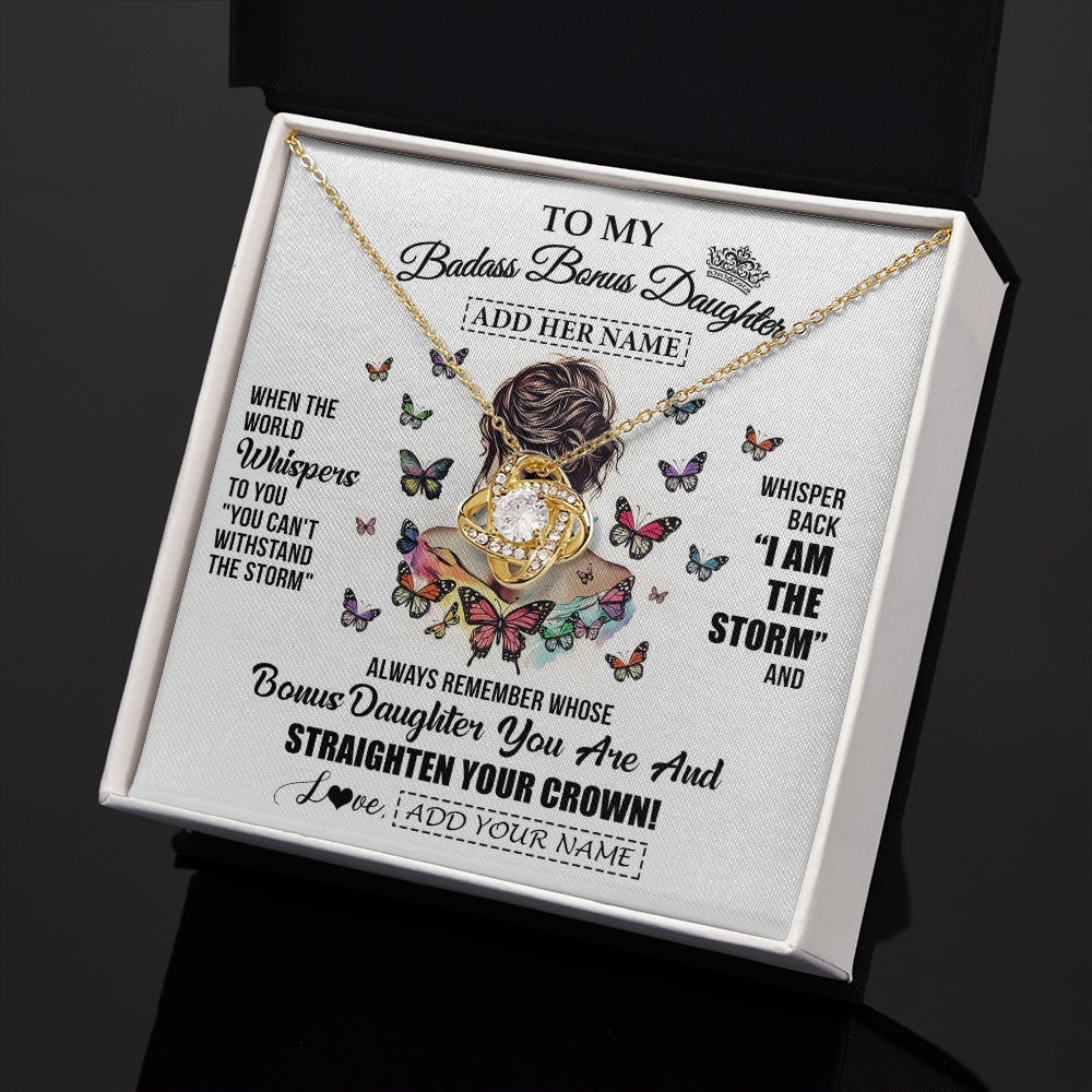 Love Knot Necklace 18K Yellow Gold Finish | 2 | Personalized To My Badass Bonus Daughter I Am The Storm Necklace From Stepdad Stepmom Beautiful Step Daughter Birthday Gifts Christmas Gift Box Message Card | https://siriusteestore.