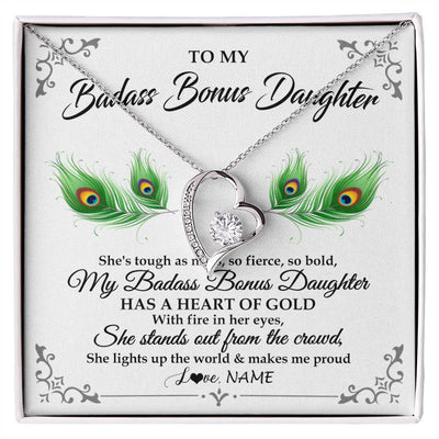 Forever Love Necklace 14K White Gold Finish | 1 | Personalized To My Badass Bonus Daughter Necklace From Bonus Mom Love You Always Bonus Daughter Birthday Graduation Christmas Customized Gift Box Message Card | siriusteestore