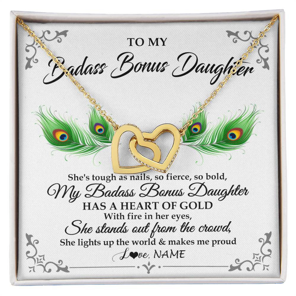 Interlocking Hearts Necklace 18K Yellow Gold Finish | 1 | Personalized To My Badass Bonus Daughter Necklace From Bonus Mom Love You Always Bonus Daughter Birthday Graduation Christmas Customized Gift Box Message Card | siriusteestore