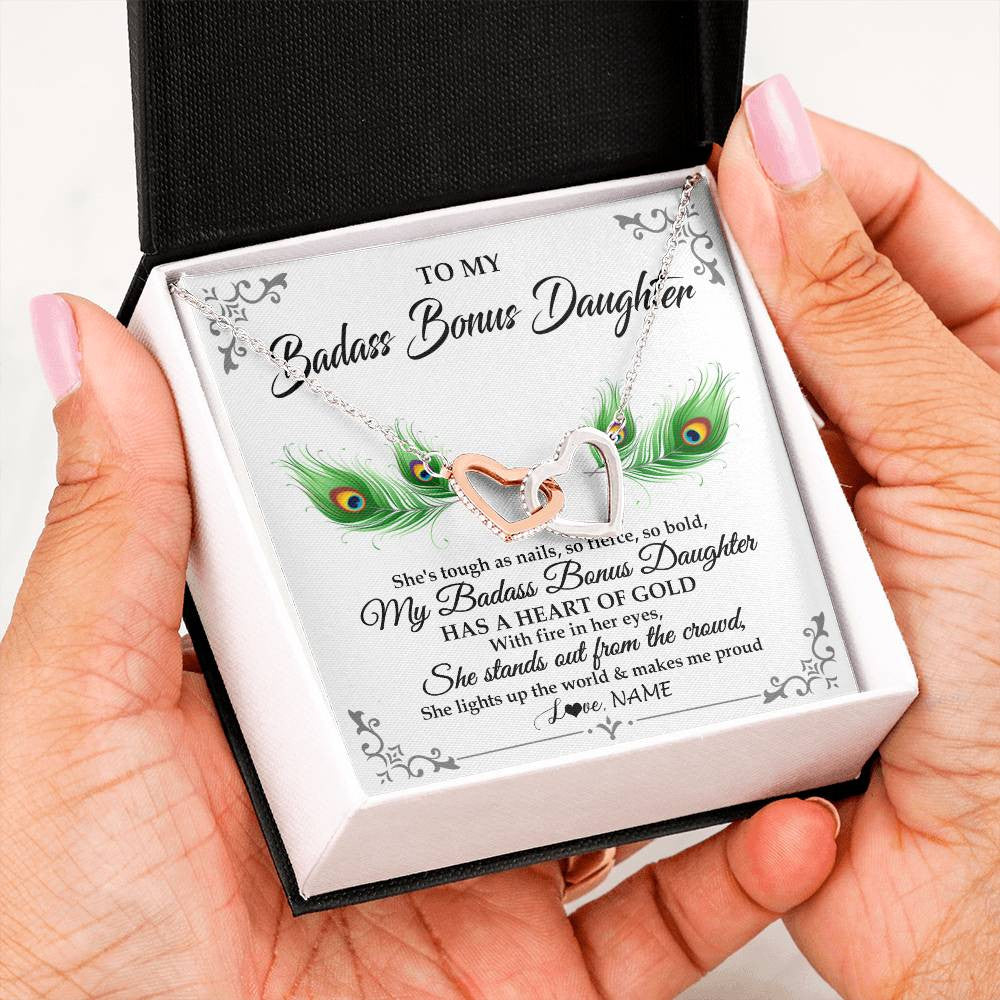 Interlocking Hearts Necklace Stainless Steel & Rose Gold Finish | 2 | Personalized To My Badass Bonus Daughter Necklace From Bonus Mom Love You Always Bonus Daughter Birthday Graduation Christmas Customized Gift Box Message Card | siriusteestore