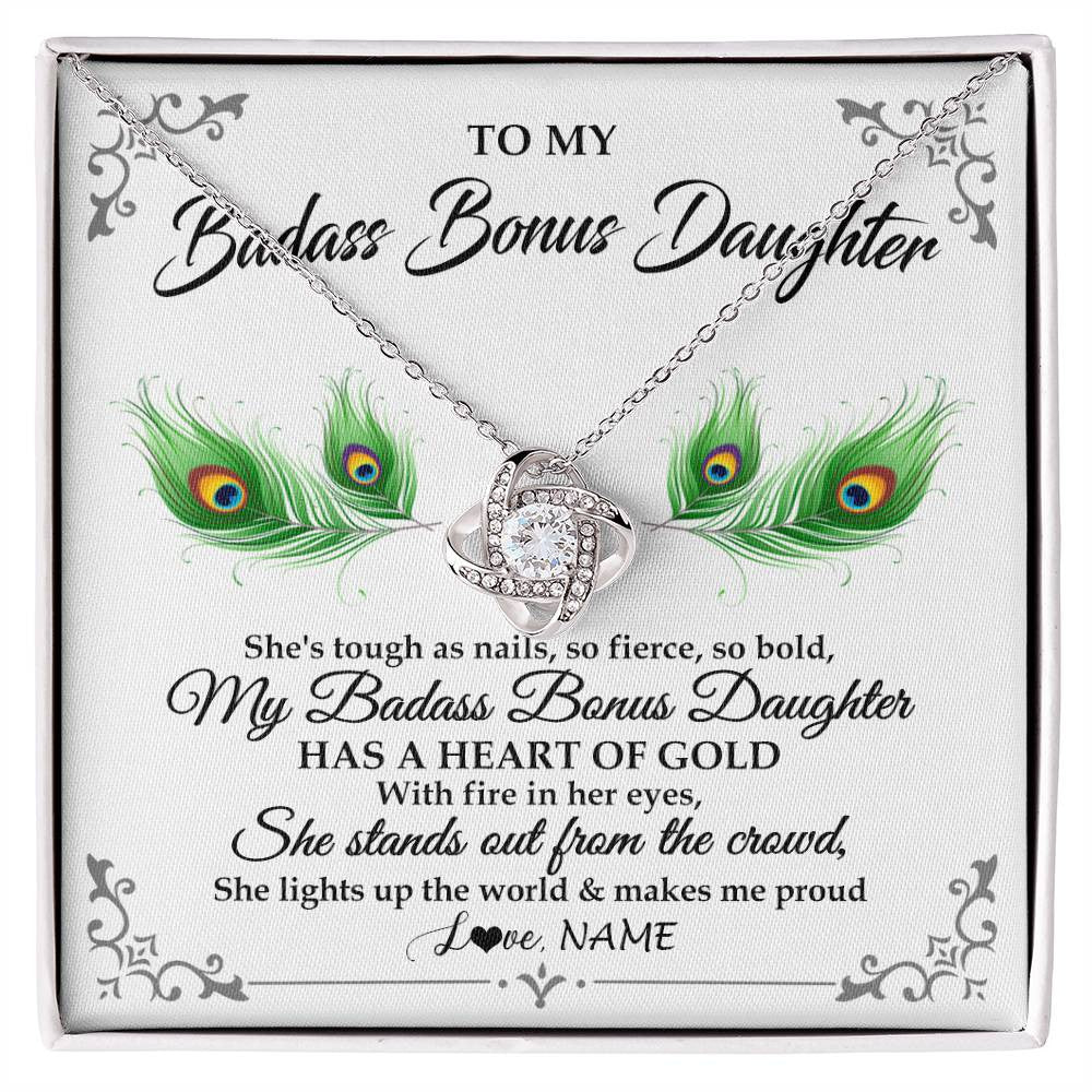 Love Knot Necklace 14K White Gold Finish | 1 | Personalized To My Badass Bonus Daughter Necklace From Bonus Mom Love You Always Bonus Daughter Birthday Graduation Christmas Customized Gift Box Message Card | siriusteestore