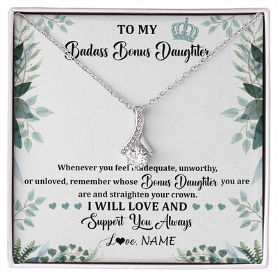 Alluring Beauty Necklace 14K White Gold Finish | 1 | Personalized To My Badass Bonus Daughter Necklace From Stepdad Mom Straighten Your Crown Stepddaughter Birthday Christmas Customized Gift Box Message Card | siriusteestore