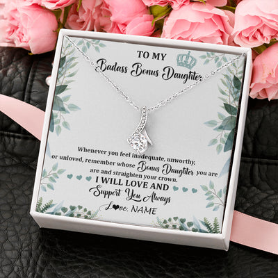 Alluring Beauty Necklace 14K White Gold Finish | 2 | Personalized To My Badass Bonus Daughter Necklace From Stepdad Mom Straighten Your Crown Stepddaughter Birthday Christmas Customized Gift Box Message Card | siriusteestore