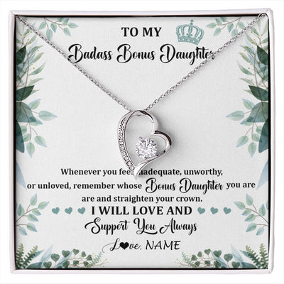 Forever Love Necklace 14K White Gold Finish | 1 | Personalized To My Badass Bonus Daughter Necklace From Stepdad Mom Straighten Your Crown Stepddaughter Birthday Christmas Customized Gift Box Message Card | siriusteestore