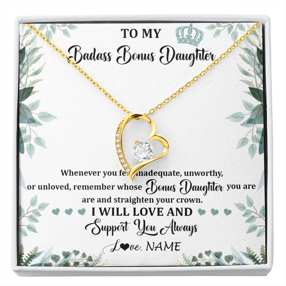 Forever Love Necklace 18K Yellow Gold Finish | 1 | Personalized To My Badass Bonus Daughter Necklace From Stepdad Mom Straighten Your Crown Stepddaughter Birthday Christmas Customized Gift Box Message Card | siriusteestore