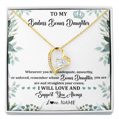 Forever Love Necklace 18K Yellow Gold Finish | 1 | Personalized To My Badass Bonus Daughter Necklace From Stepdad Mom Straighten Your Crown Stepddaughter Birthday Christmas Customized Gift Box Message Card | siriusteestore