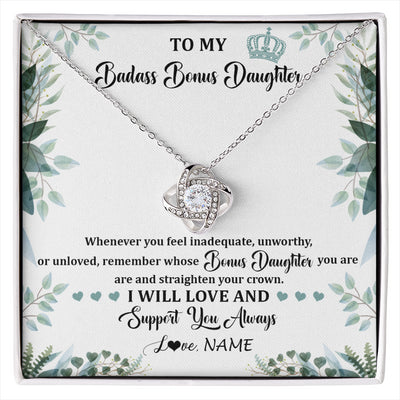 Love Knot Necklace 14K White Gold Finish | 1 | Personalized To My Badass Bonus Daughter Necklace From Stepdad Mom Straighten Your Crown Stepddaughter Birthday Christmas Customized Gift Box Message Card | siriusteestore