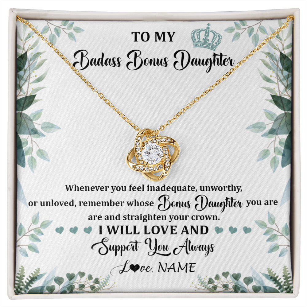 Love Knot Necklace 18K Yellow Gold Finish | 1 | Personalized To My Badass Bonus Daughter Necklace From Stepdad Mom Straighten Your Crown Stepddaughter Birthday Christmas Customized Gift Box Message Card | siriusteestore