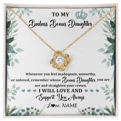 Love Knot Necklace 18K Yellow Gold Finish | 1 | Personalized To My Badass Bonus Daughter Necklace From Stepdad Mom Straighten Your Crown Stepddaughter Birthday Christmas Customized Gift Box Message Card | siriusteestore