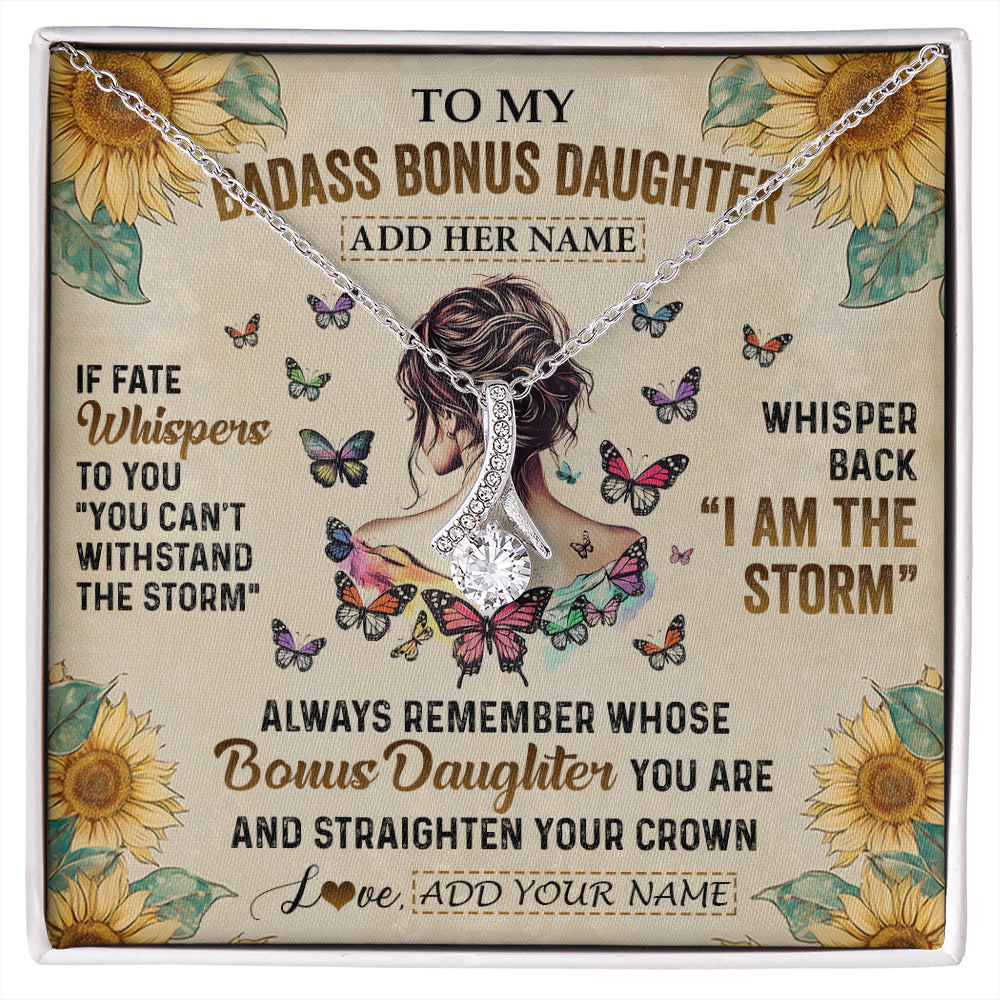 Alluring Beauty Necklace 14K White Gold Finish | 1 | Personalized To My Badass Bonus Daughter Necklace From Stepdad Stepmom I Am The Storm Stepdaughter Gifts Birthday Christmas Customized Gift Box Message Card | siriusteestore