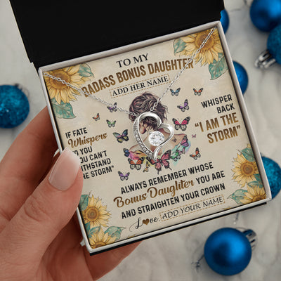 Forever Love Necklace 14K White Gold Finish | 2 | Personalized To My Badass Bonus Daughter Necklace From Stepdad Stepmom I Am The Storm Stepdaughter Gifts Birthday Christmas Customized Gift Box Message Card | siriusteestore