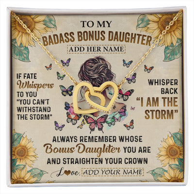 Interlocking Hearts Necklace 18K Yellow Gold Finish | 1 | Personalized To My Badass Bonus Daughter Necklace From Stepdad Stepmom I Am The Storm Stepdaughter Gifts Birthday Christmas Customized Gift Box Message Card | siriusteestore