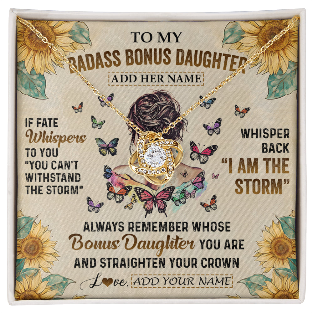 Love Knot Necklace 18K Yellow Gold Finish | 1 | Personalized To My Badass Bonus Daughter Necklace From Stepdad Stepmom I Am The Storm Stepdaughter Gifts Birthday Christmas Customized Gift Box Message Card | siriusteestore