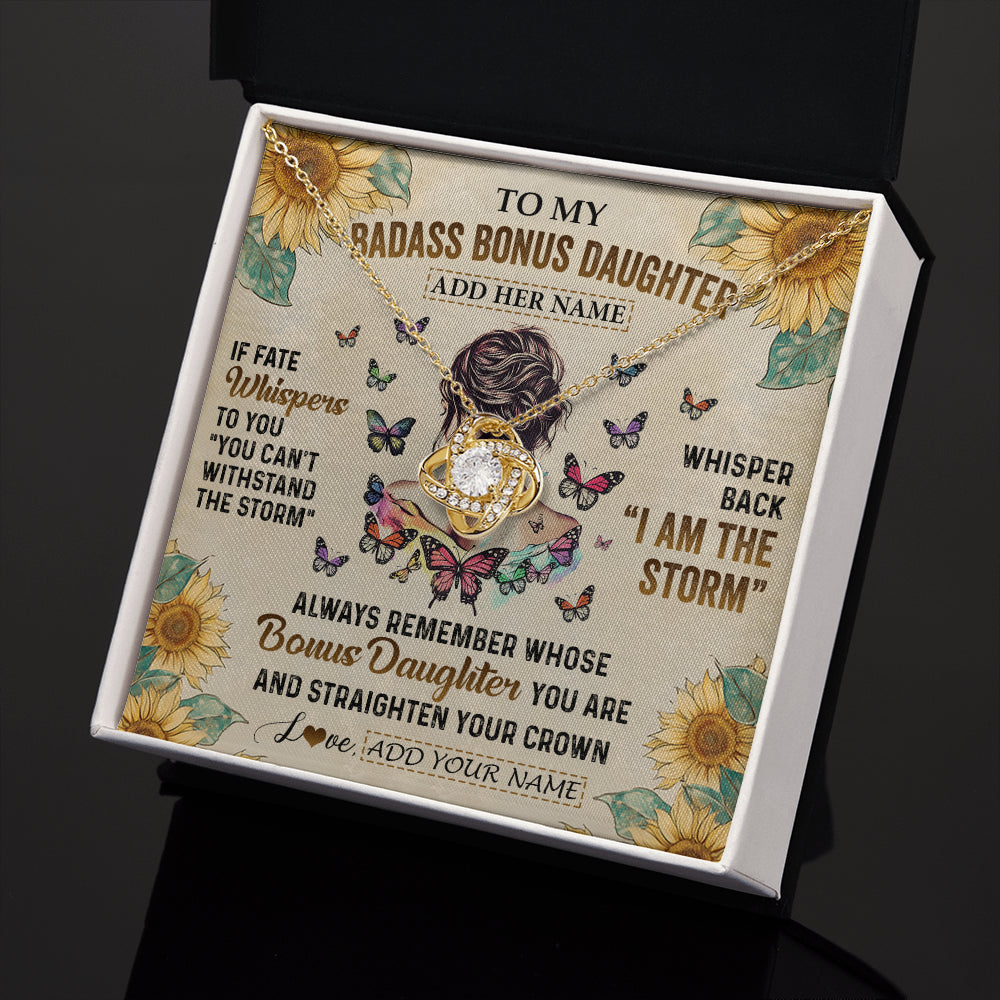Love Knot Necklace 18K Yellow Gold Finish | 2 | Personalized To My Badass Bonus Daughter Necklace From Stepdad Stepmom I Am The Storm Stepdaughter Gifts Birthday Christmas Customized Gift Box Message Card | siriusteestore