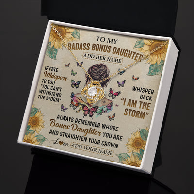 Love Knot Necklace 18K Yellow Gold Finish | 2 | Personalized To My Badass Bonus Daughter Necklace From Stepdad Stepmom I Am The Storm Stepdaughter Gifts Birthday Christmas Customized Gift Box Message Card | siriusteestore