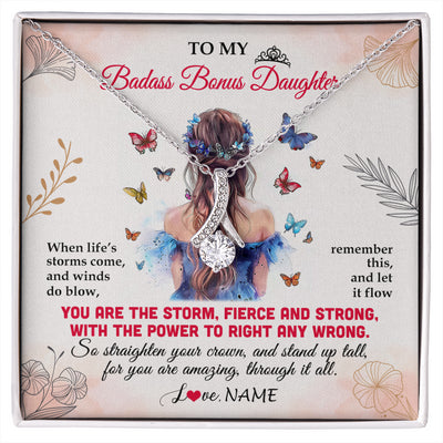 Alluring Beauty Necklace 14K White Gold Finish | 1 | Personalized To My Badass Bonus Daughter Necklace From Stepmom Bonus Dad Floral Butterfly Stepdaughter Birthday Christmas Customized Gift Box Message Card | siriusteestore