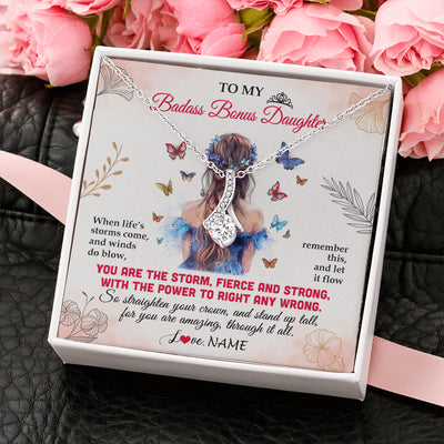 Alluring Beauty Necklace 14K White Gold Finish | 2 | Personalized To My Badass Bonus Daughter Necklace From Stepmom Bonus Dad Floral Butterfly Stepdaughter Birthday Christmas Customized Gift Box Message Card | siriusteestore