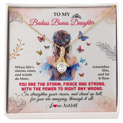 Alluring Beauty Necklace 18K Yellow Gold Finish | 1 | Personalized To My Badass Bonus Daughter Necklace From Stepmom Bonus Dad Floral Butterfly Stepdaughter Birthday Christmas Customized Gift Box Message Card | siriusteestore