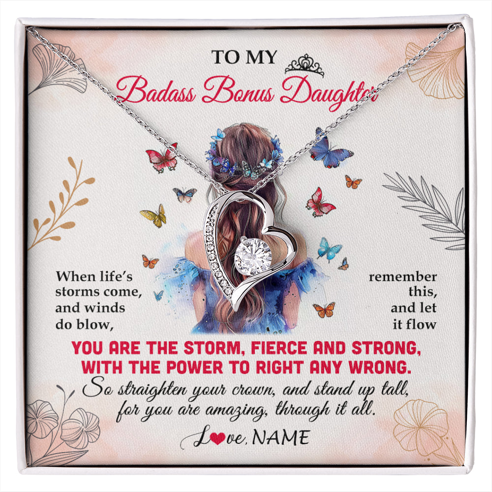 Forever Love Necklace 14K White Gold Finish | 1 | Personalized To My Badass Bonus Daughter Necklace From Stepmom Bonus Dad Floral Butterfly Stepdaughter Birthday Christmas Customized Gift Box Message Card | siriusteestore