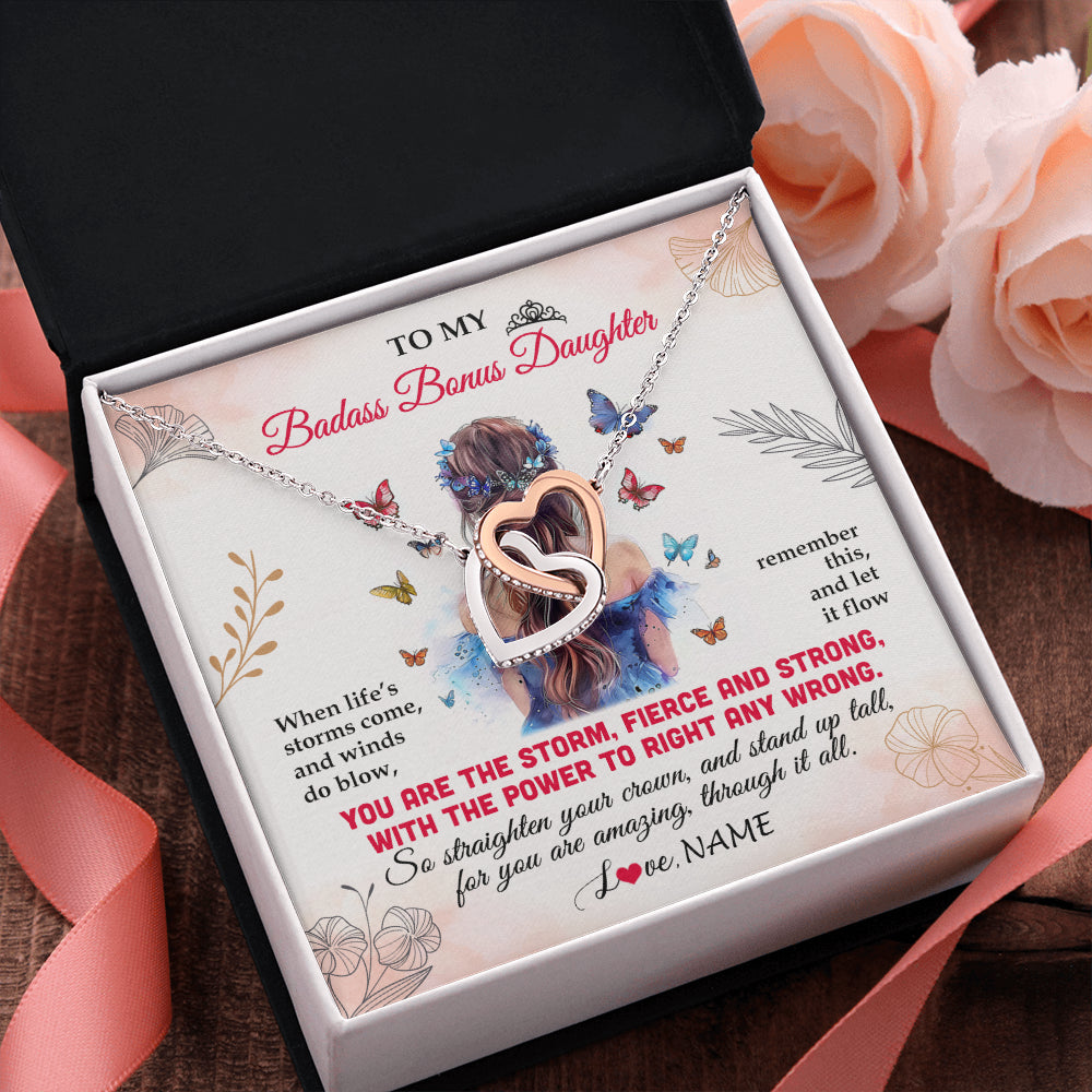 Interlocking Hearts Necklace Stainless Steel & Rose Gold Finish | 2 | Personalized To My Badass Bonus Daughter Necklace From Stepmom Bonus Dad Floral Butterfly Stepdaughter Birthday Christmas Customized Gift Box Message Card | siriusteestore