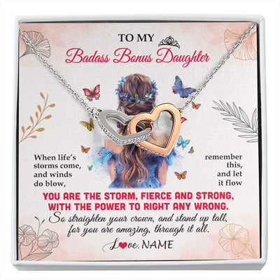 Interlocking Hearts Necklace Stainless Steel & Rose Gold Finish | 1 | Personalized To My Badass Bonus Daughter Necklace From Stepmom Bonus Dad Floral Butterfly Stepdaughter Birthday Christmas Customized Gift Box Message Card | siriusteestore