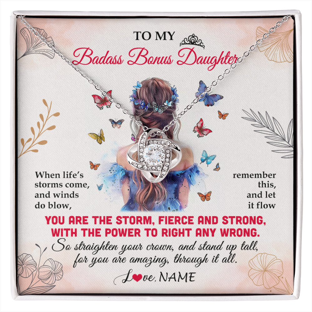 Love Knot Necklace 14K White Gold Finish | 1 | Personalized To My Badass Bonus Daughter Necklace From Stepmom Bonus Dad Floral Butterfly Stepdaughter Birthday Christmas Customized Gift Box Message Card | siriusteestore