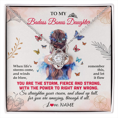 Love Knot Necklace 14K White Gold Finish | 1 | Personalized To My Badass Bonus Daughter Necklace From Stepmom Bonus Dad Floral Butterfly Stepdaughter Birthday Christmas Customized Gift Box Message Card | siriusteestore