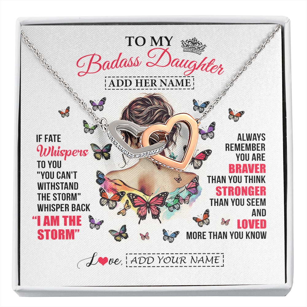 Interlocking Hearts Necklace Stainless Steel & Rose Gold Finish | 1 | Personalized To My Badass Daughter From Dad Mom Father Necklace I Am The Storm Daughter Gifts Birthday Graduation Christmas Custom Gift Box Message Card | https://siriusteestore.
