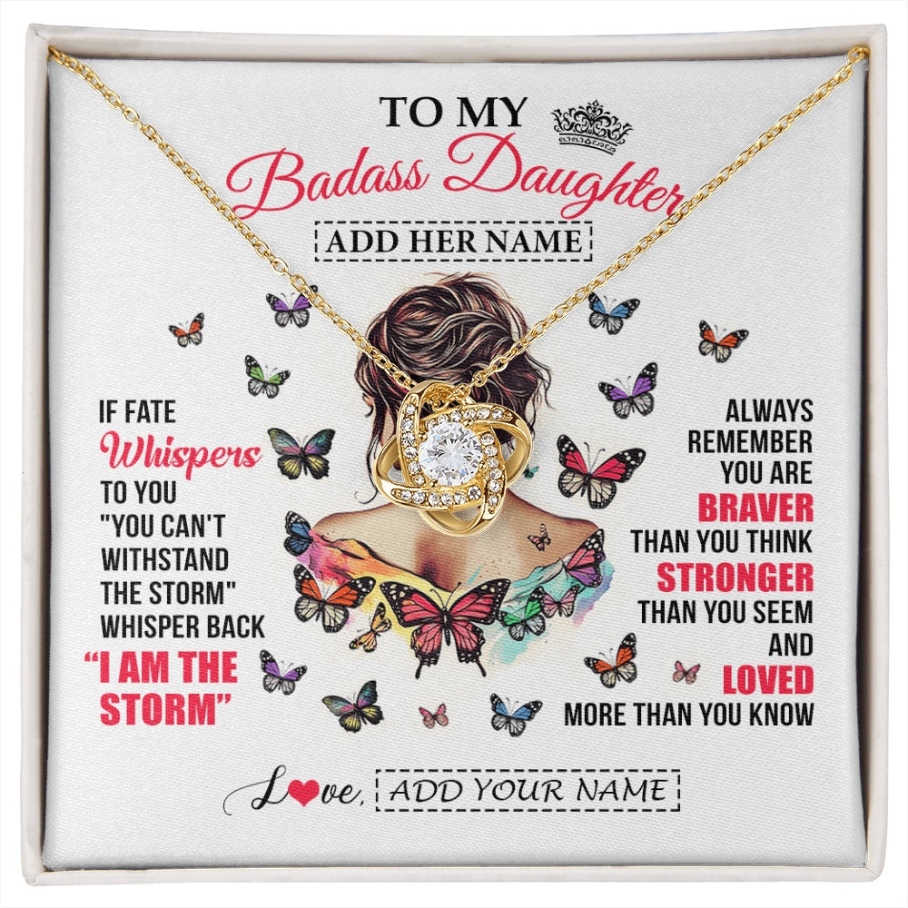 Love Knot Necklace 18K Yellow Gold Finish | 1 | Personalized To My Badass Daughter From Dad Mom Father Necklace I Am The Storm Daughter Gifts Birthday Graduation Christmas Custom Gift Box Message Card | https://siriusteestore.