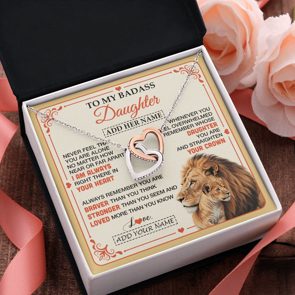 Interlocking Hearts Necklace Stainless Steel & Rose Gold Finish | 2 | Personalized To My Badass Daughter Gifts From Mom Dad Necklace Lion Jewelry Gifts Present Ideas For Daughter Birthday Christmas Custom Gift Box Message Card | https://siriusteestore.
