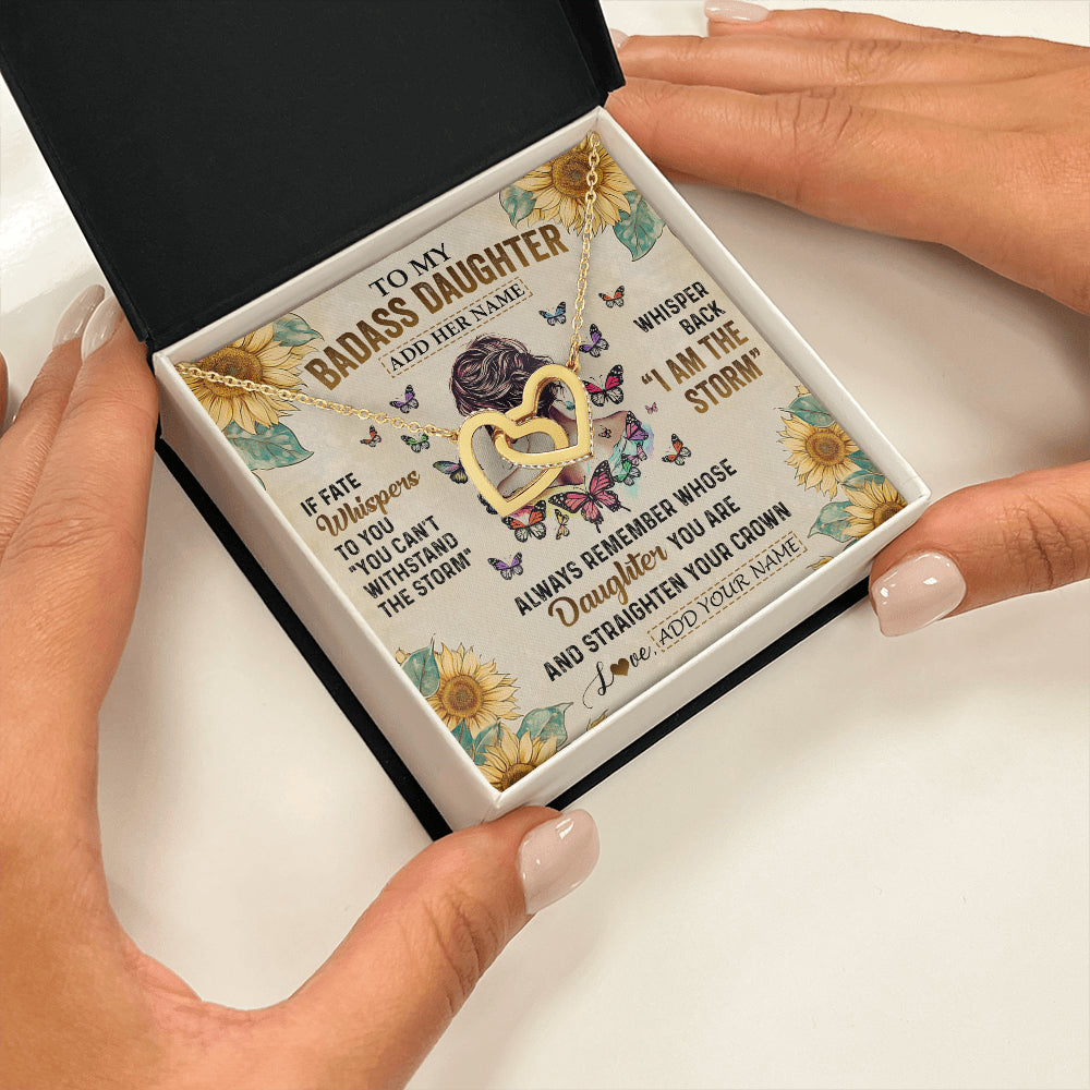 Interlocking Hearts Necklace 18K Yellow Gold Finish | 2 | Personalized To My Badass Daughter Necklace From Dad Mom Father I Am The Storm Daughter Gifts Birthday Graduation Christmas Customized Gift Box Message Card | siriusteestore