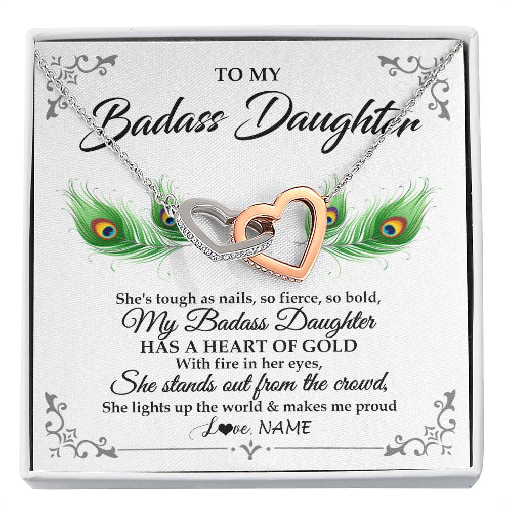 Interlocking Hearts Necklace Stainless Steel & Rose Gold Finish | 1 | Personalized To My Badass Daughter Necklace From Mom Dad Mother Father Love You Always Daughter Birthday Graduation Christmas Customized Gift Box Message Card | siriusteestore