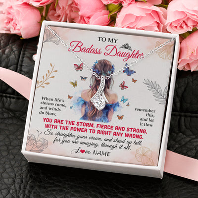 Alluring Beauty Necklace 14K White Gold Finish | 2 | Personalized To My Badass Daughter Necklace From Mom Dad Mother Floral Butterfly Daughter Birthday Gifts Graduation Christmas Customized Gift Box Message Card | siriusteestore