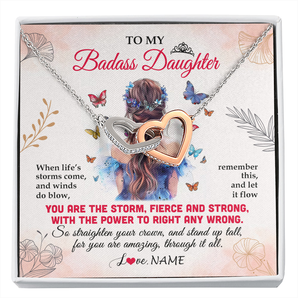 Interlocking Hearts Necklace Stainless Steel & Rose Gold Finish | 1 | Personalized To My Badass Daughter Necklace From Mom Dad Mother Floral Butterfly Daughter Birthday Gifts Graduation Christmas Customized Gift Box Message Card | siriusteestore