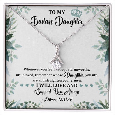 Alluring Beauty Necklace 14K White Gold Finish | 1 | Personalized To My Badass Daughter Necklace From Mom Dad Mother Straighten Your Crown Daughter Birthday Graduation Christmas Customized Gift Box Message Card | siriusteestore