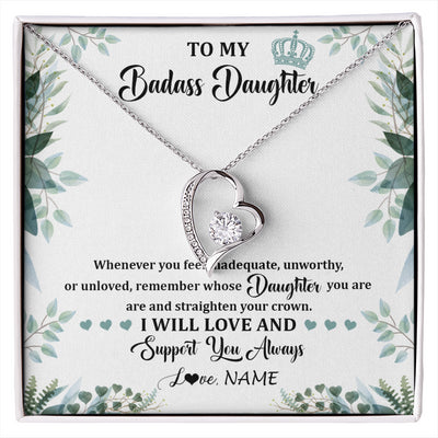 Forever Love Necklace 14K White Gold Finish | 1 | Personalized To My Badass Daughter Necklace From Mom Dad Mother Straighten Your Crown Daughter Birthday Graduation Christmas Customized Gift Box Message Card | siriusteestore