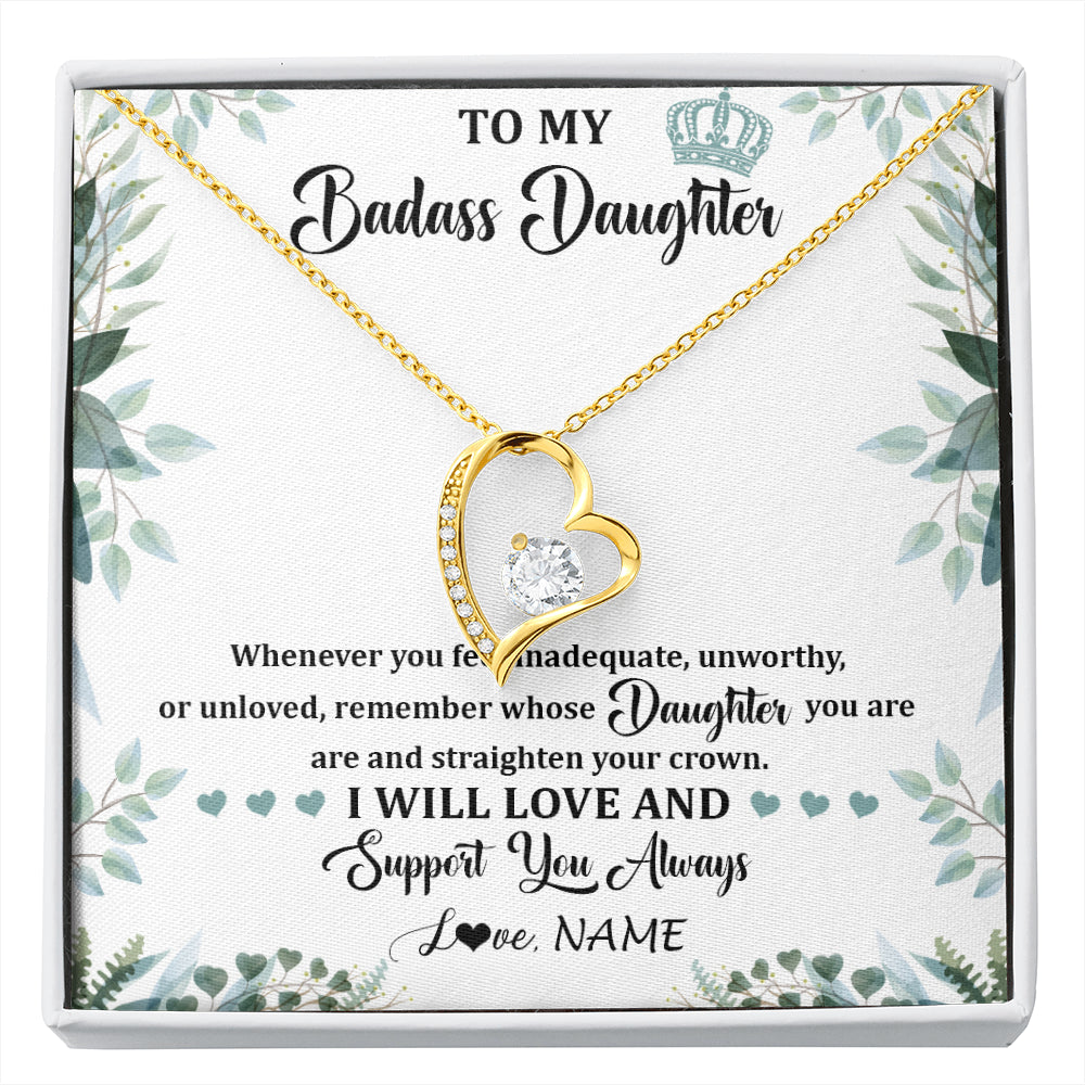 Forever Love Necklace 18K Yellow Gold Finish | 1 | Personalized To My Badass Daughter Necklace From Mom Dad Mother Straighten Your Crown Daughter Birthday Graduation Christmas Customized Gift Box Message Card | siriusteestore