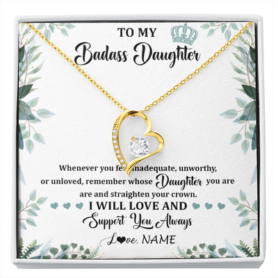 Forever Love Necklace 18K Yellow Gold Finish | 1 | Personalized To My Badass Daughter Necklace From Mom Dad Mother Straighten Your Crown Daughter Birthday Graduation Christmas Customized Gift Box Message Card | siriusteestore