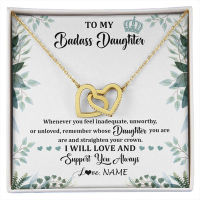 Interlocking Hearts Necklace 18K Yellow Gold Finish | 1 | Personalized To My Badass Daughter Necklace From Mom Dad Mother Straighten Your Crown Daughter Birthday Graduation Christmas Customized Gift Box Message Card | siriusteestore