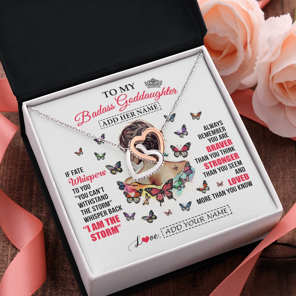 Interlocking Hearts Necklace Stainless Steel & Rose Gold Finish | 2 | Personalized To My Badass Goddaughter From Uncle Aunt Necklace I Am The Storm Goddaughter Gifts Birthday Graduation Christmas Custom Gift Box Message Card | https://siriusteestore.